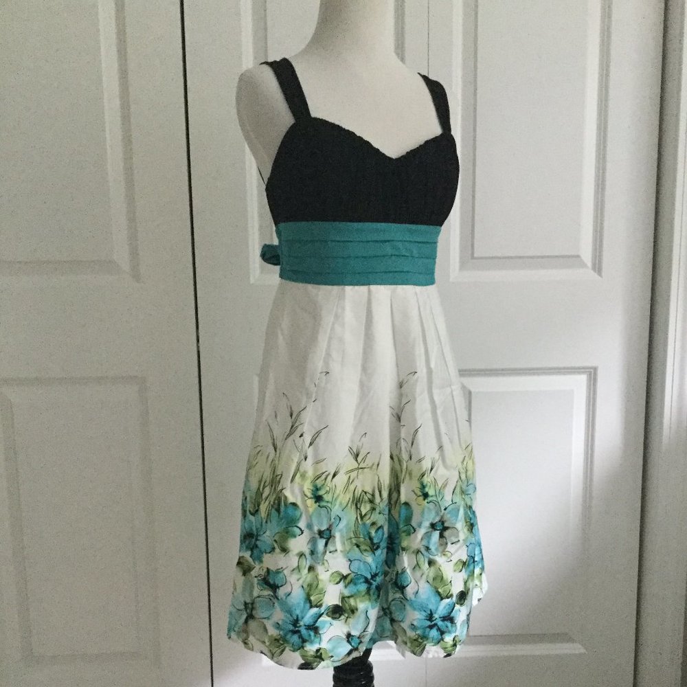 Black white aqua watercolor floral fit and flare semi-formal dress (Junior 9)